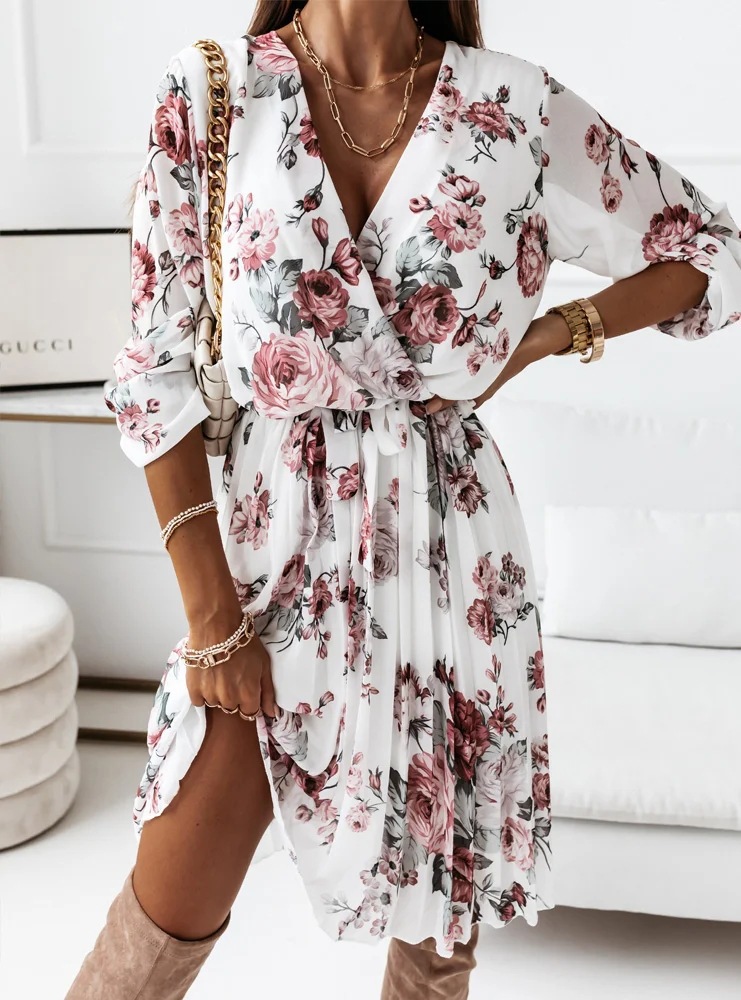 Chiffon Long Sleeve Printed Pleated Dress Elegant Design Lightweight Fabric Versatile Style Perfect for Spring and