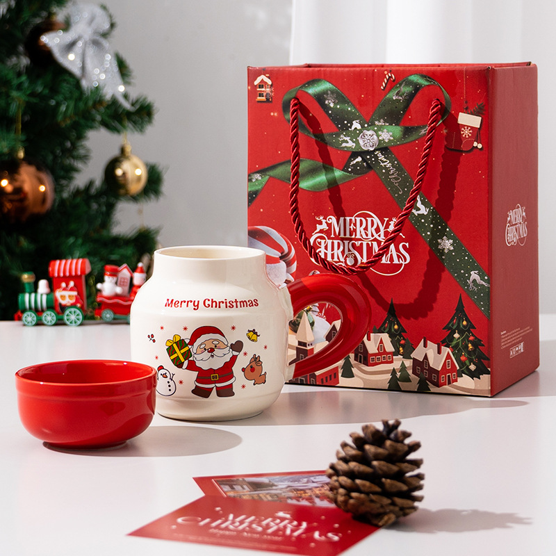Taza navideña creativa, taza de cerámica con tapa y cuchara, taza para beber, taza de alta gama, taza de gran capacidad con diseño de árbol de Navidad