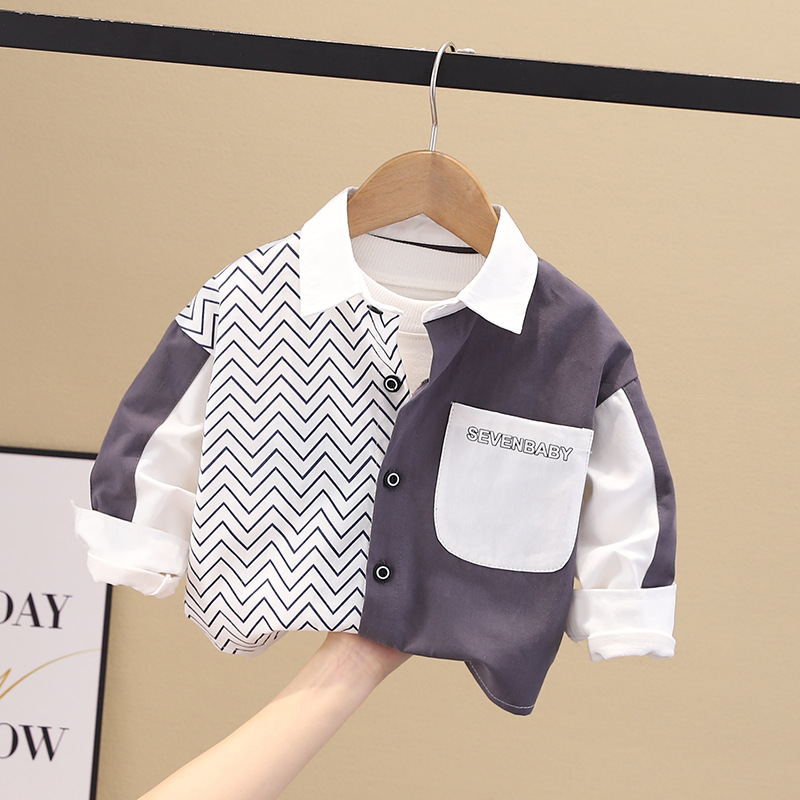 Camisa para niños de manga larga empalmada, tops para niños de primavera y otoño, tops de manga larga de estilo coreano para niños, chaqueta, nuevo estilo 2025