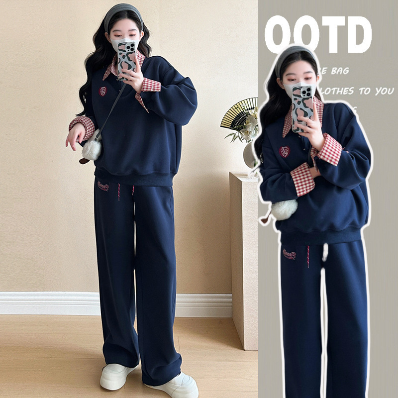 fleece-lined Pregnant Women suit 2024 Fall/Winter New Fashion Design Stitching Shirt Collar Loose Sweat Wide Leg Pants