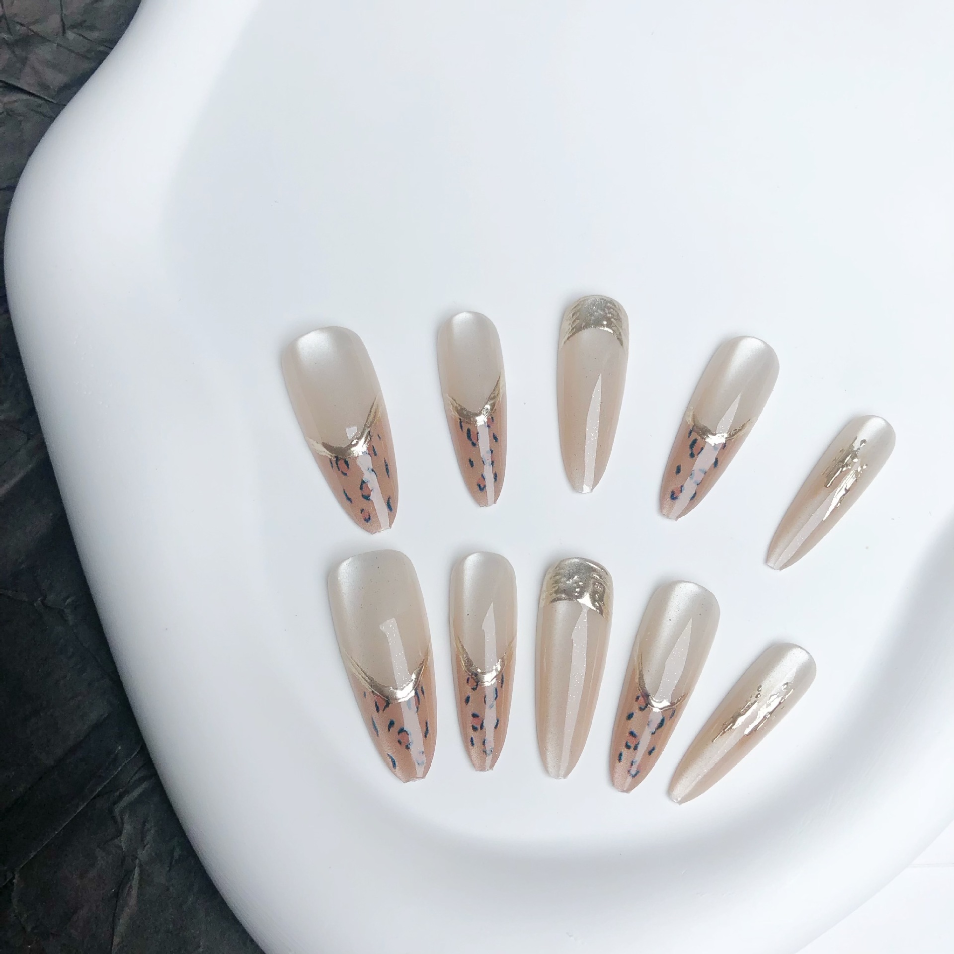 長杏仁法式豹紋鎏金長款穿戴甲咖色貓眼甜酷辣妹歐美美甲貼片