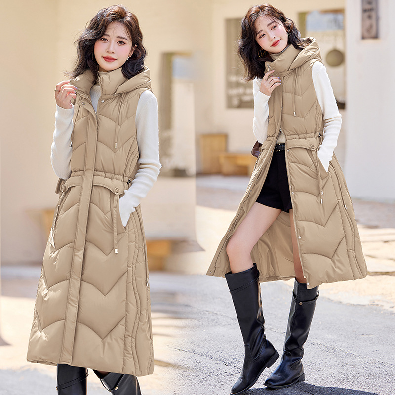 Otoño y invierno 2025 nuevo chaleco de algodón de pluma para mujeres medianas y largas delgadas cintura delgada de moda de algodón abrazadera de hombro chaqueta