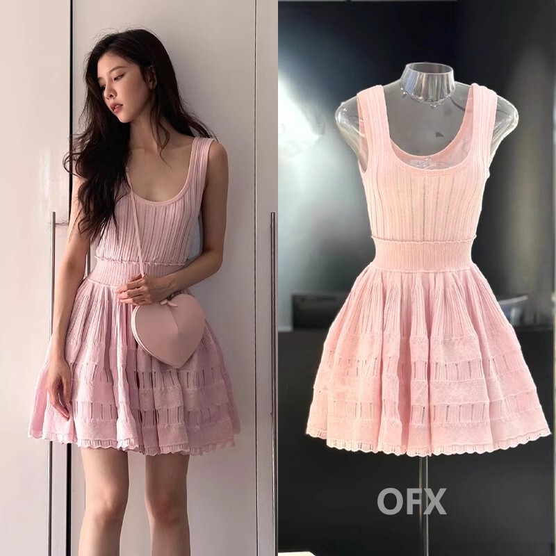Celebrity-Inspired Pink Sleeveless Spaghetti Strap Dress, Waist-Cinching Slim-Fit Knit Tank Dress, Short Dress for Women
