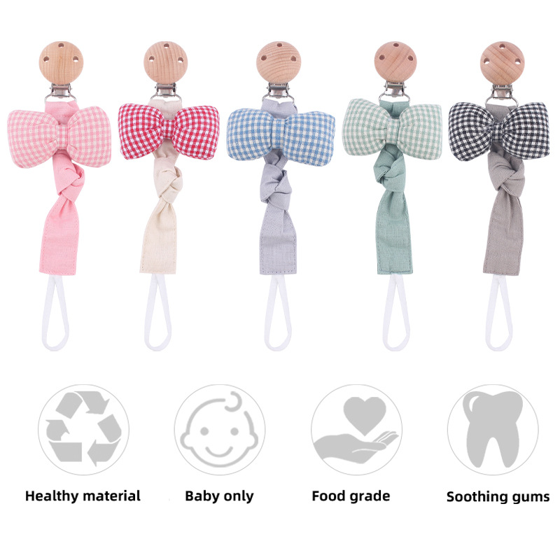 Nuevo bebé suministros clip de chupete de haya calmante bebé Arco-Nudo algodón y lino cinta chupete cuerda chupete cadena