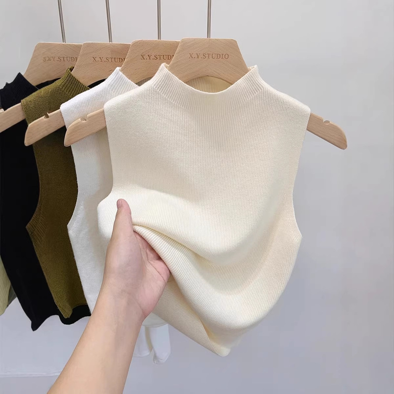 New Stylish Knit Sweater Base Layer for Women, Half-High Collar Camisole, Short Top, Sleeveless Outerwear