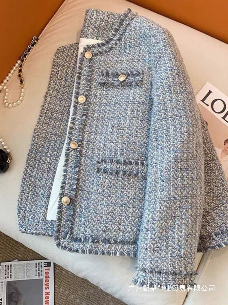 This Year's Trendy Beautiful Blue Chanel-Style Jacket, New Korean Drama Outfit for Spring and Autumn, Tweed Elegant Socialite Top