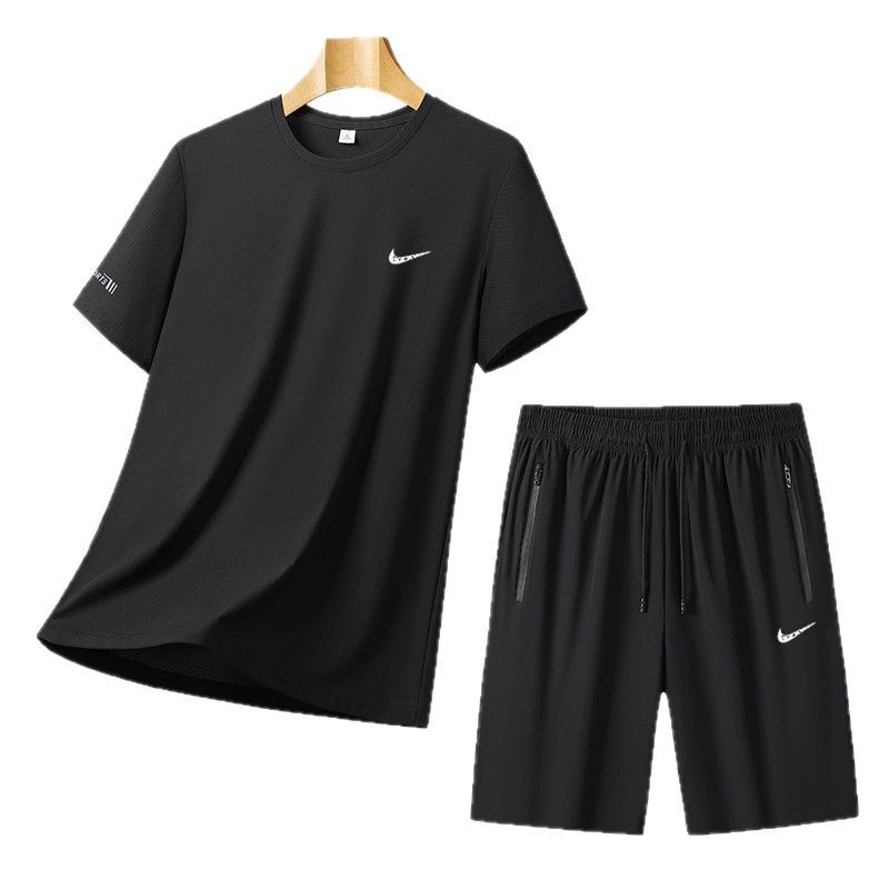 Men's Summer New Ice Silk Sports suit Men's Loose All-match Casual Quick-drying Stretch T-shirt Shorts Two-piece Set