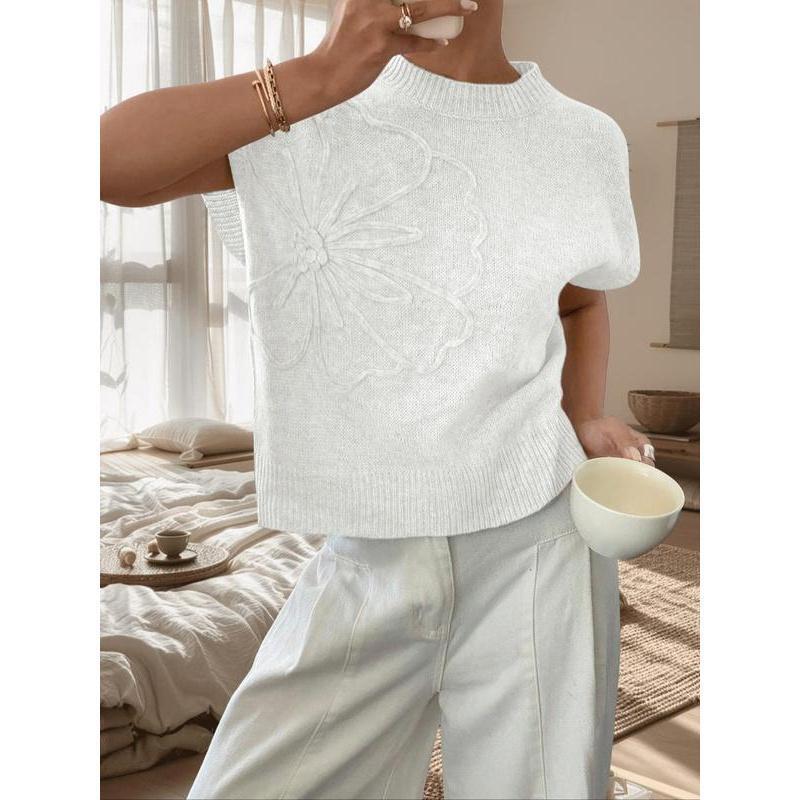 2025 New Cross-Border Dropshipping Women's Plain Flower Jacquard Translucent Cable Knitted Top