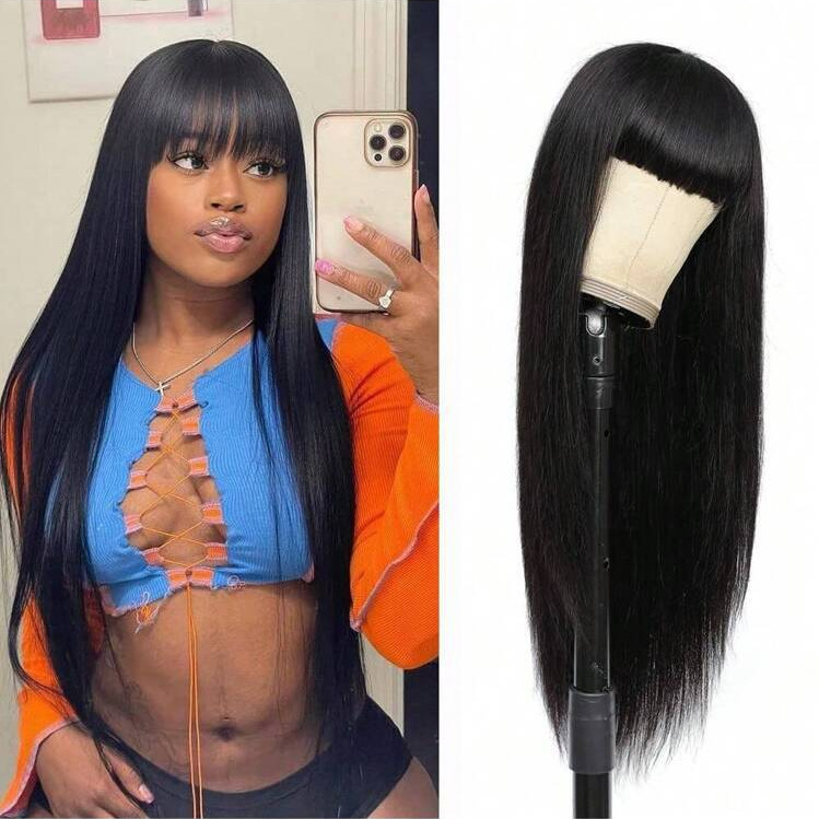 European and American Wigs for Women with Long Straight Hair, Machine-Made Chemical Fiber Wigs with Bangs 26Inch Wigs Dropshipping Factory