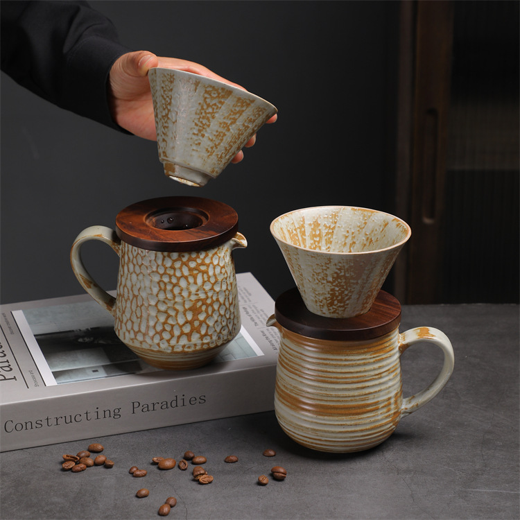 Ceramic Coffee Pot Set Vintage Style Hand Brewed Coffee Maker_voghion.com