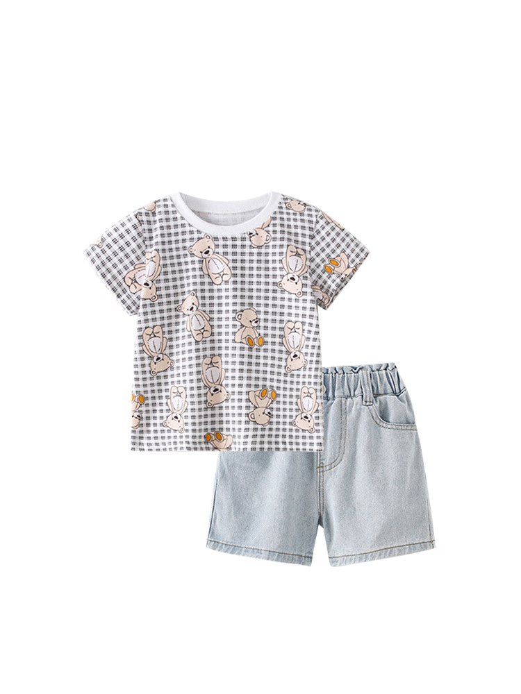 Malwee set de niñas de verano nuevo estilo europeo y americano para niños de cuello redondo camiseta de cintura elástica jeans dos piezas set