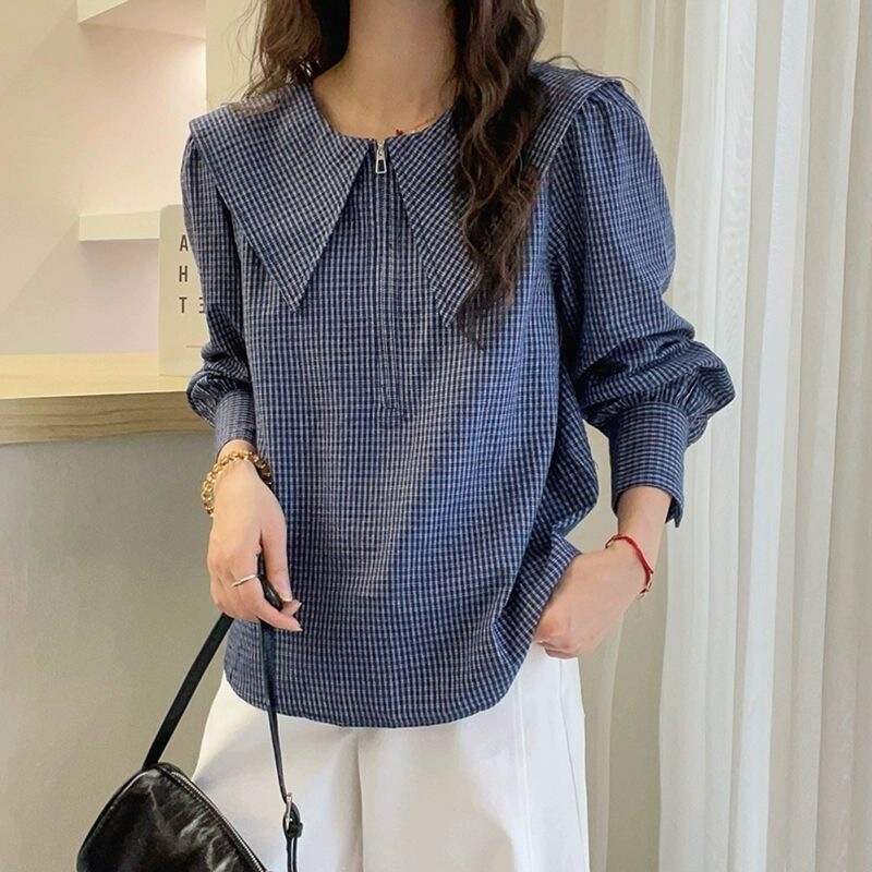 Navy collar zippered plaid shirt for women, European style, 2025 early spring new fashion trendy top Navy collar zippered plaid shirt for women, European style, 2025 early spring new fashion trendy top