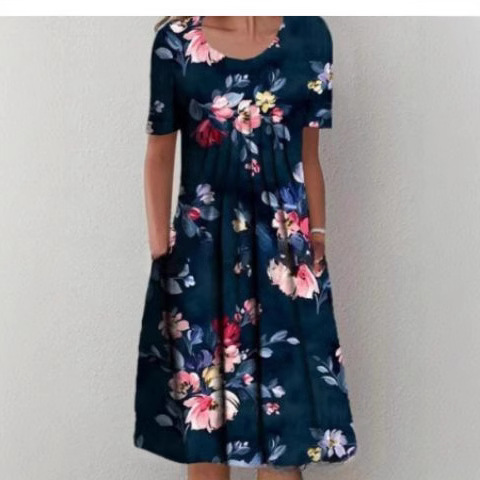 Plus Size Spring And Summer Women's Elegant Big Skirt Round Neck Short Sleeve Dress_ecoleips.com