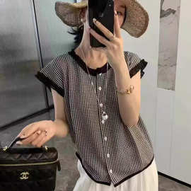 欧货千鸟格小衫针织衫飞飞袖上衣女夏季新时尚小众别致短款T恤薄