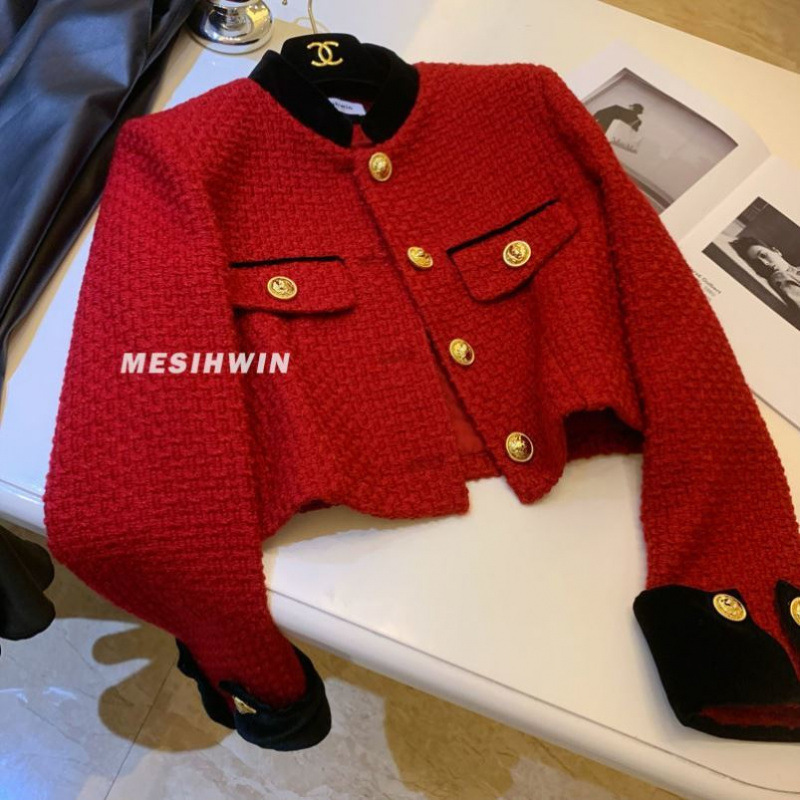 Design Sense Contrast Color Fragrant Coat Women's 2024 New Elegant Red Collar Tweed Jacket Top