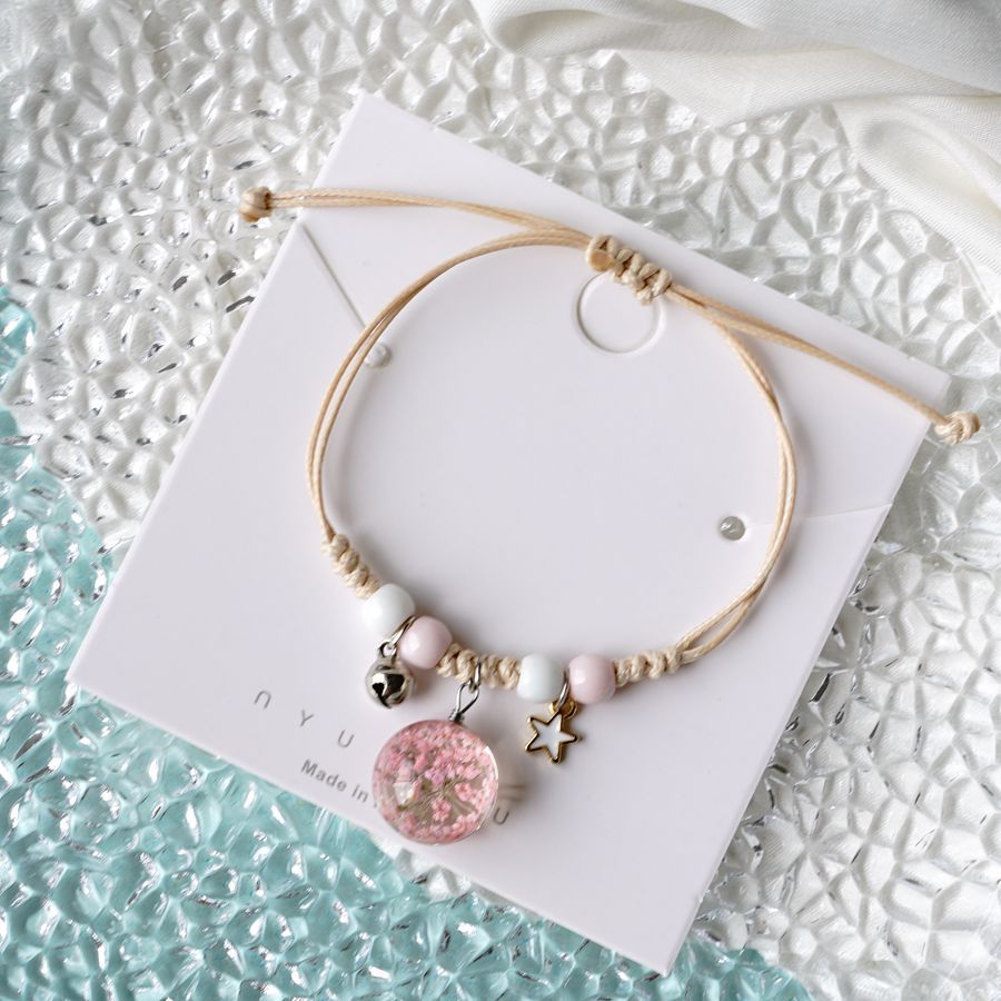 Pulsera de flor de durazno simple popular japonesa y coreana que combina con todo, literatura y arte femenino, estudiantes de Mori, joyería de flores secas, aliento de bebé rosa uno