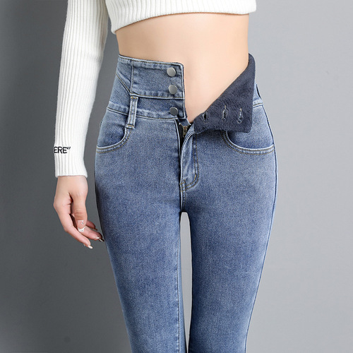 Velvet thickened high-waisted jeans for women with small feet, autumn and winter new thin and tight black high-rise pencil pants for women
