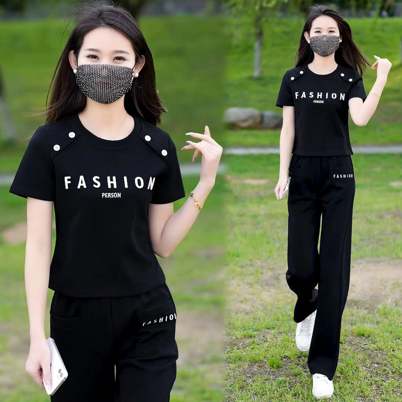 休闲运动服套装女士2025年新款夏季时尚洋气卫衣圆领短袖两件套潮|undefined