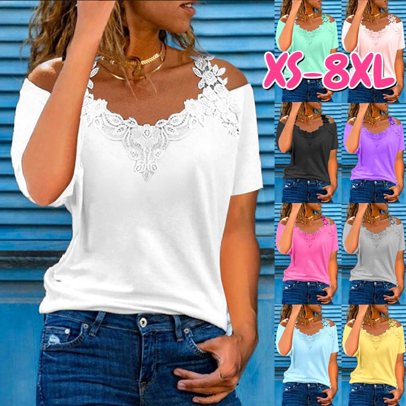 In Stock Wish Amazon European and American V-Neck Patchwork Short-Sleeved Lace Casual Loose T-Shirt for Women