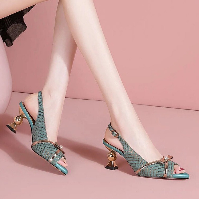 Foreign trade fish mouth high heel sandals 2024 summer new thick heel bow buckle empty open toe sandals women wholesale