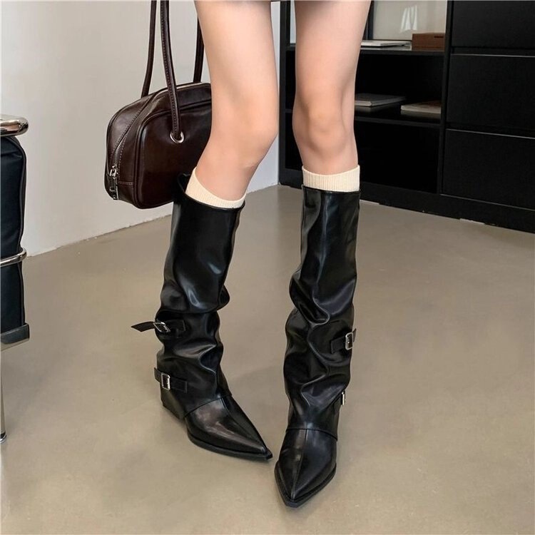 Pointed Toe Buckle Ruched Stacked Boots for Women, Chunky Heel 2025 Style Punk Style Biker Boots, Trendy High Heel Long Boots Pointed Toe Buckle Ruched Stacked Boots for Women, Chunky Heel 2025 Style Punk Style Biker Boots, Trendy High Heel Long Boots