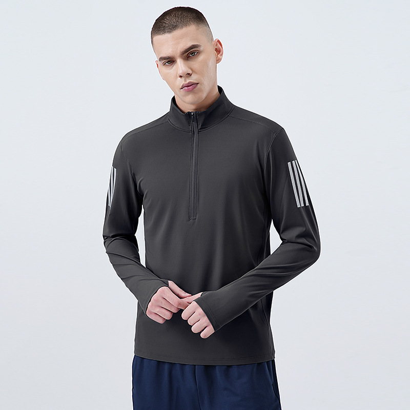 Hombre fitness ropa de alta elasticidad secado rápido mangas largas correr ropa deportiva de ciclismo entrenamiento de cuello medio cremallera camiseta