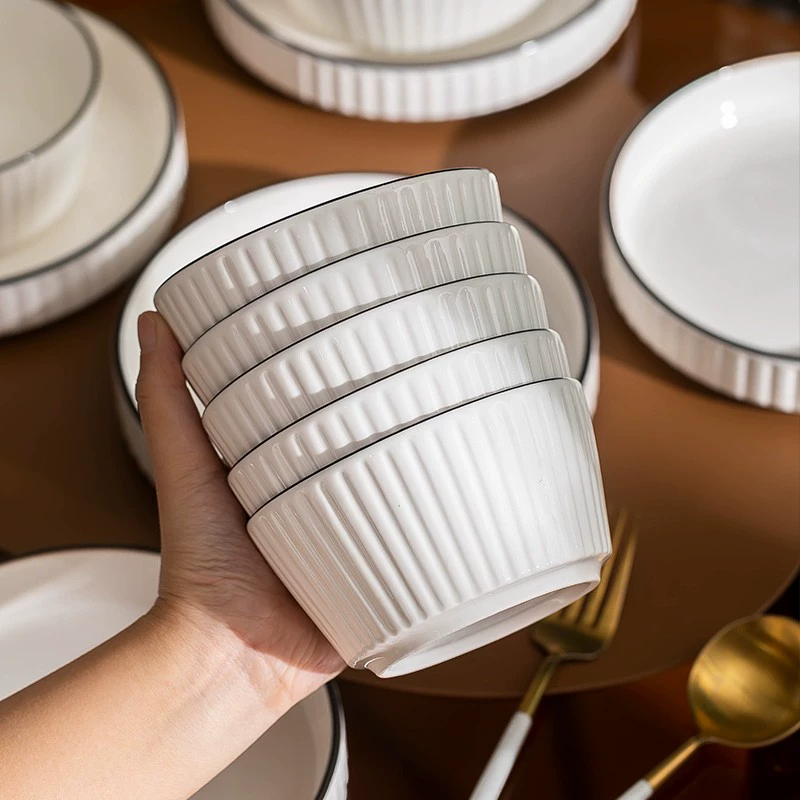 Ceramic tableware set 2023, American vertical stripes, multi‑piece dinnerware with 2.3L lidded pot