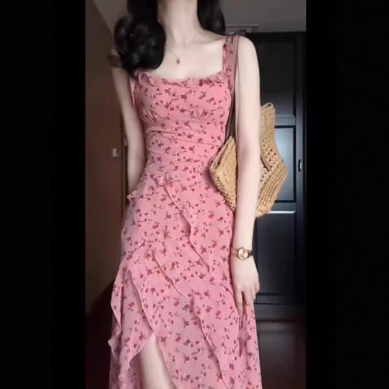 Sweet and Gentle Elegant Pink Suspender Floral Long Skirt Summer New Slim Lotus Leaf Long Skirt Slit Dress