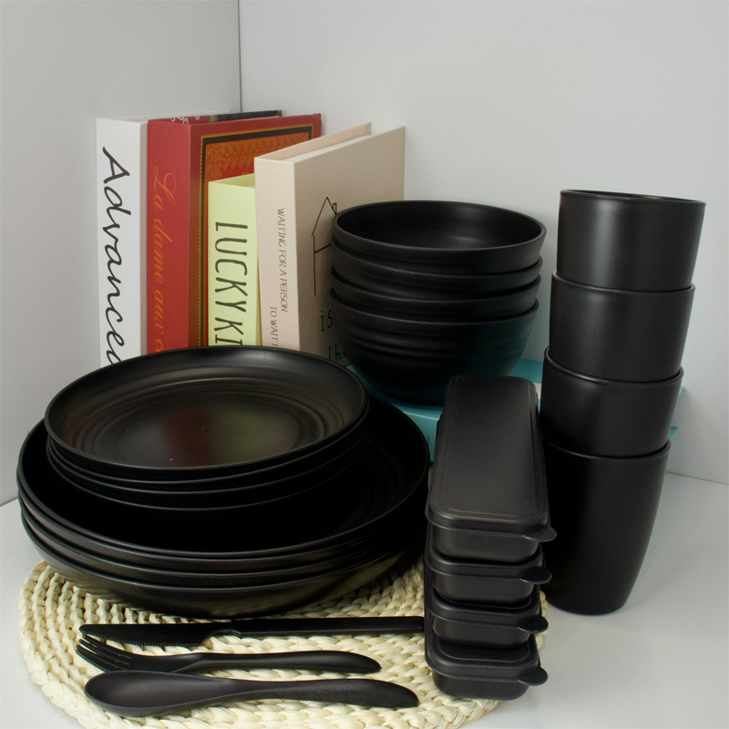 Amazon plato de comida negro tazón de sopa taza cuchillo tenedor cuchara vajilla juego de paja de trigo juego de regalo de campamento al por mayor