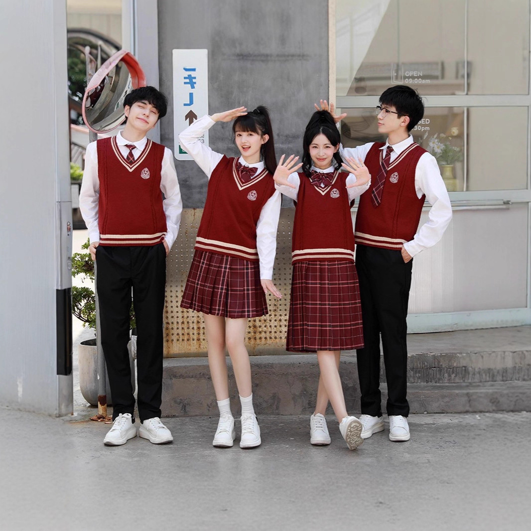 College Style Red Vest Layered Shirt Junior High School Student Sports Meeting Chorus Recitation Performance Class Uniform School Uniform