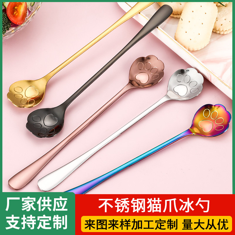 국경 간 창조적 인 스테인레스 스틸 고양이 발톱 스푼 긴 손잡이 얼음 스푼 머그잔 꿀 교반 스푼 아이스크림 커피 디저트 스푼