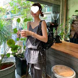 外穿绑带上衣女感甜酷2025辣妹夏季新款设计无袖格子吊带复古背心