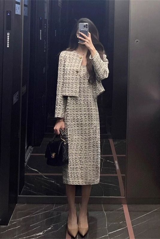 高级感秋冬新款时尚设计气质名媛轻奢小香风连衣裙套装两件套上衣|undefined