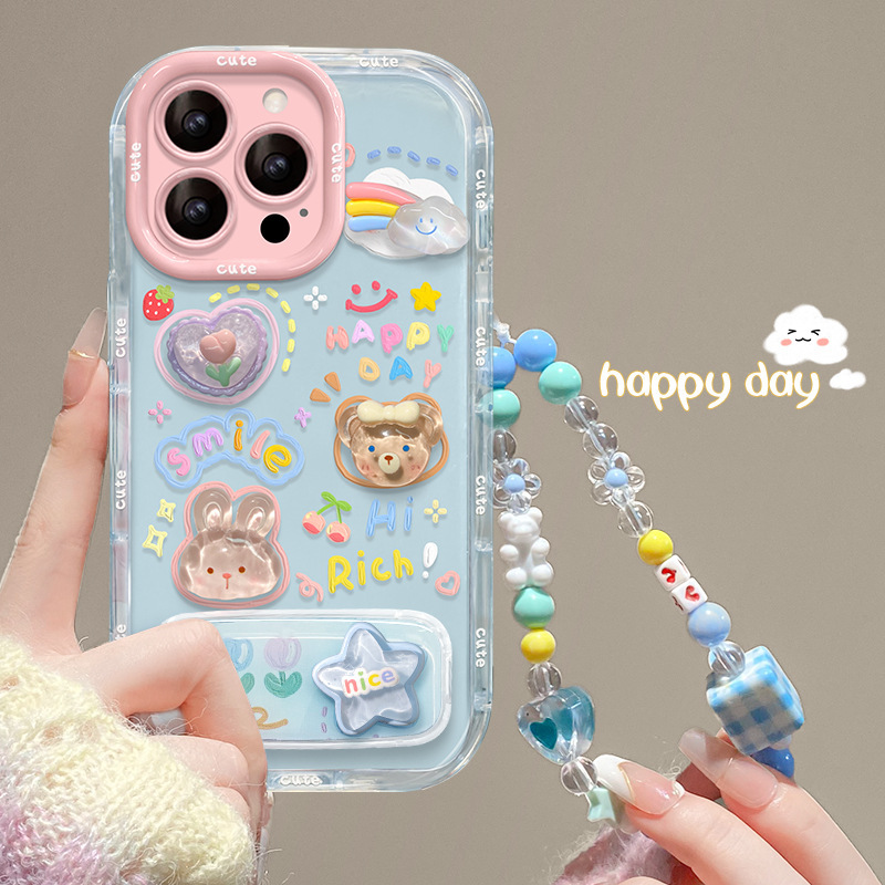 Cloud Doll Bracelet Suitable for Apple 16 Cute Phone Case 17Promax Mirror Stand 15 Jelly Fresh Style