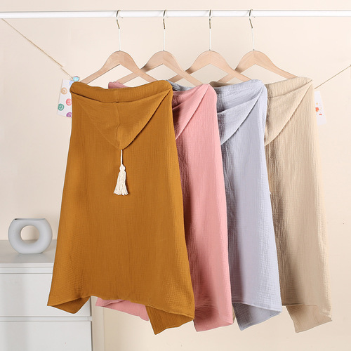 Baby muslin four-layer gauze hooded poncho with tassel bath towel beach children bath robe blanket