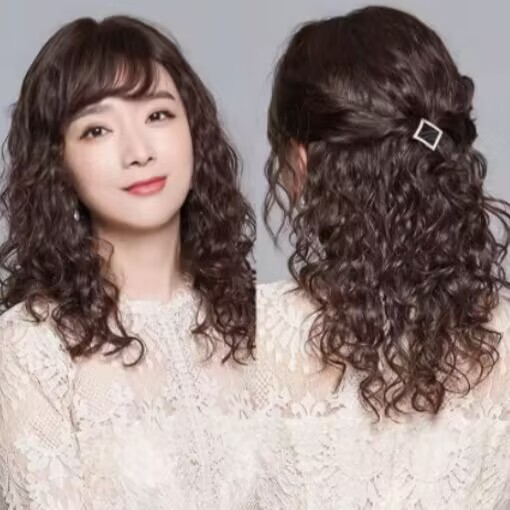 New high-end wig female mother mid-length curly hair middle-aged and elderly hair cover female full head cover net red artificial human hair