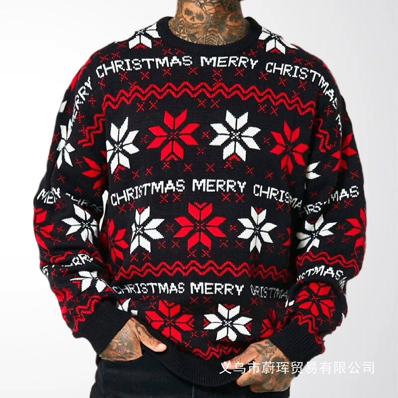 Men's Christmas Sweater with Snowflake Letter Jacquard, Autumn and Winter Holiday Party Knitwear, Wholesale Cross-Border Men's Clothing Sy Wholesale