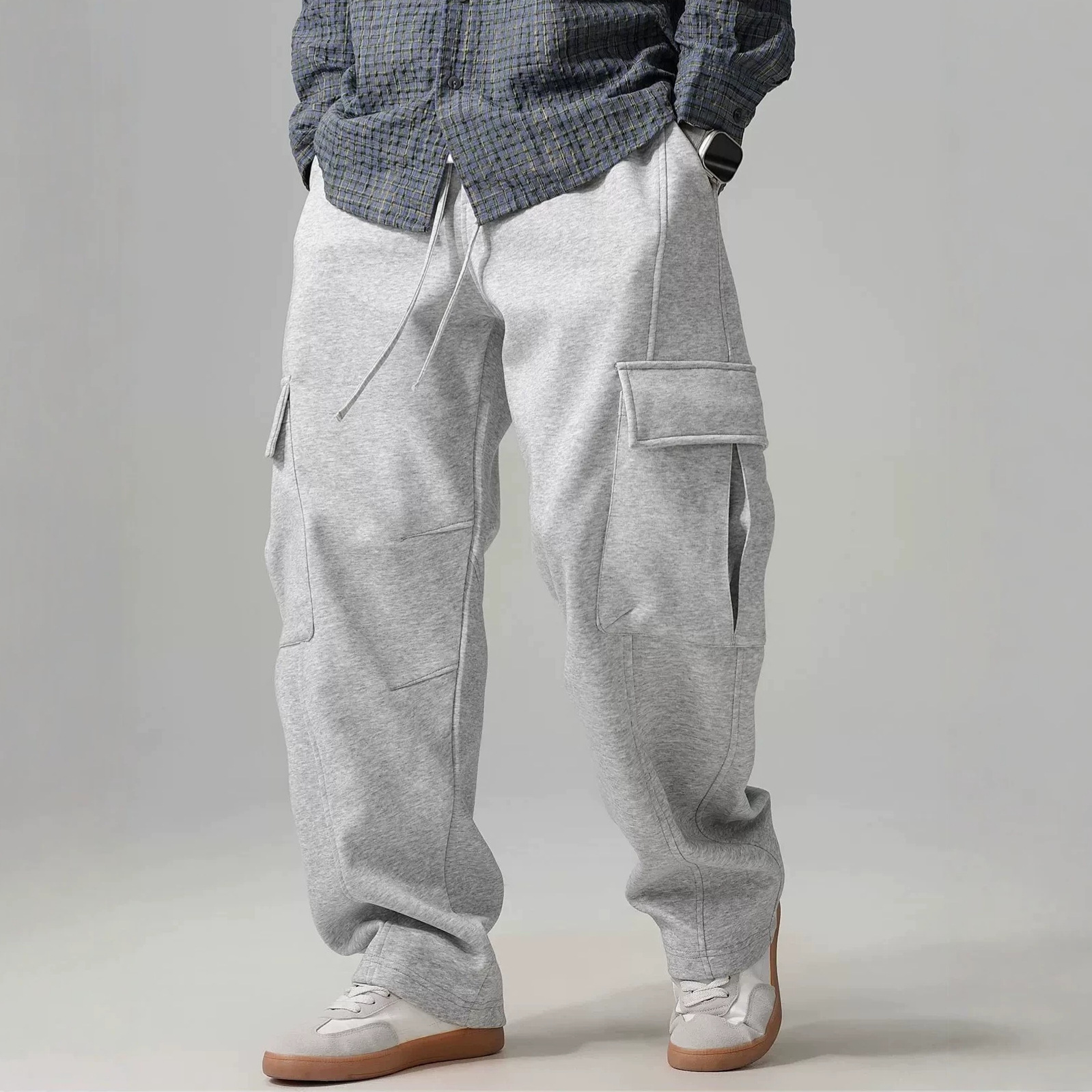 Plus-size men's workwear casual pants, spring and autumn loose wide-leg sports pants, trendy American high-street curved trousers