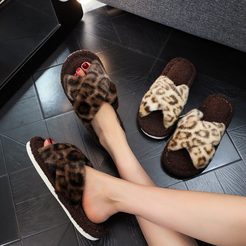 Cross-border explosions TEMU SHEIN generation hair leopard print hairy women's 2024 new autumn and winter fashion home slippers
