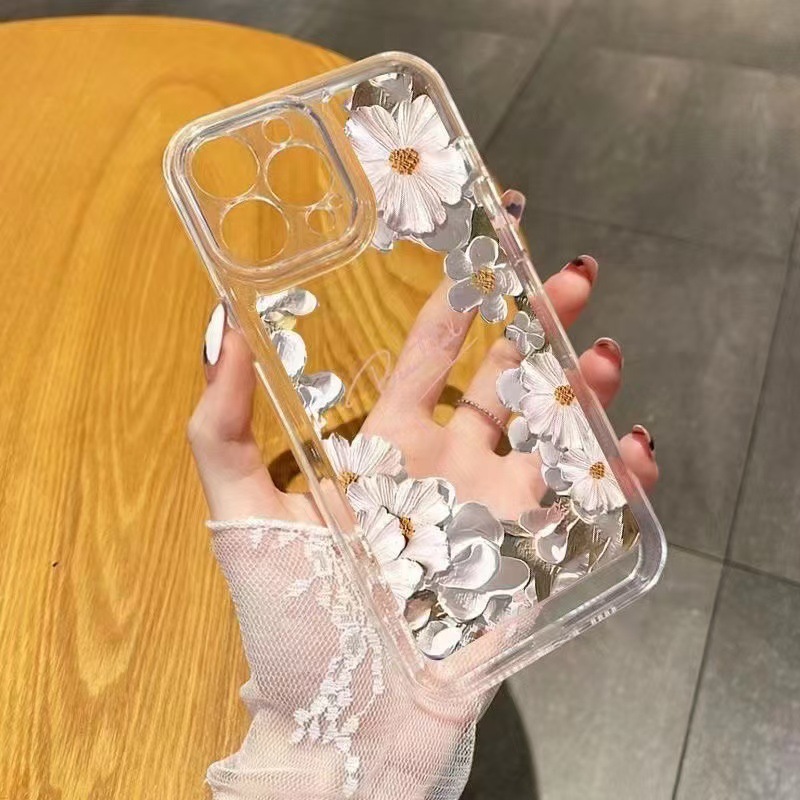 Flores de pintura al óleo para iphone16promax funda para teléfono móvil transparente Apple 15 anti-caída 14 carcasa espacial 13 Japón y Corea del Sur