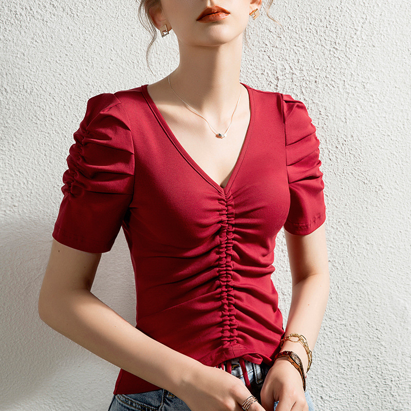 French Style Puff Sleeve Solid Color Top Women's Short-sleeved V-neck Drawstring Slim-fit T-shirt Summer Western Style Pure Cotton Small Shirt