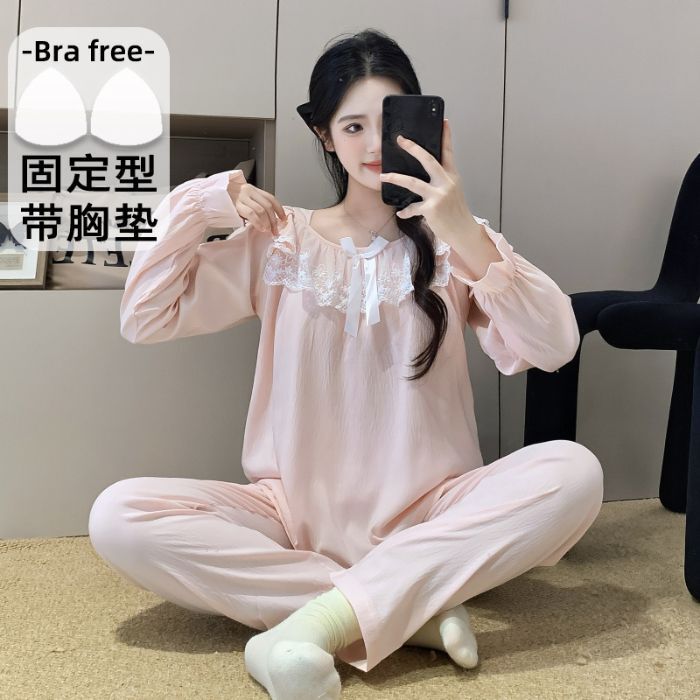Cross-Border Wholesale New Spring and Autumn Pajamas for Women, Cloud Cotton Edge Pullover, Long-Sleeved Trousers with Chest Pads, Home Clothes