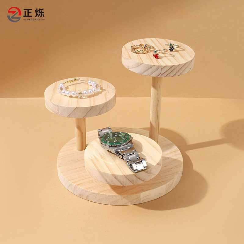 Hot Sale Solid Wood Jewelry Ring Jewelry Jewelry Display Stand Three Layer Round Jewelry Rotating Ring Watch Display Stand