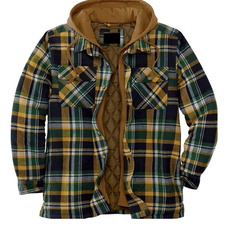 Amazon popular de los hombres de otoño e invierno engrosada abrigo de algodón acolchado Plaid manga larga suelta chaqueta con capucha abrigo en stock