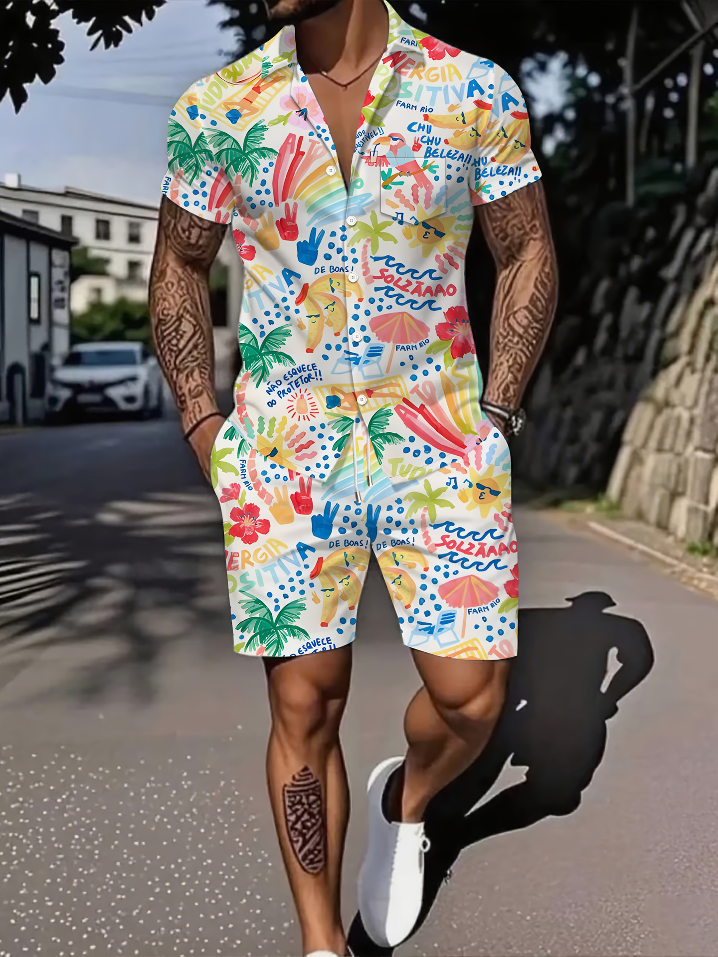 Ensemble deux pièces pour homme : chemise à manches courtes respirante et ample, imprimé lettres, style décontracté idéal pour l'été._voghion.com