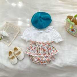 2025夏款ins婴幼儿小清新泡泡袖上衣+格子碎花裙裤女宝宝2件套装