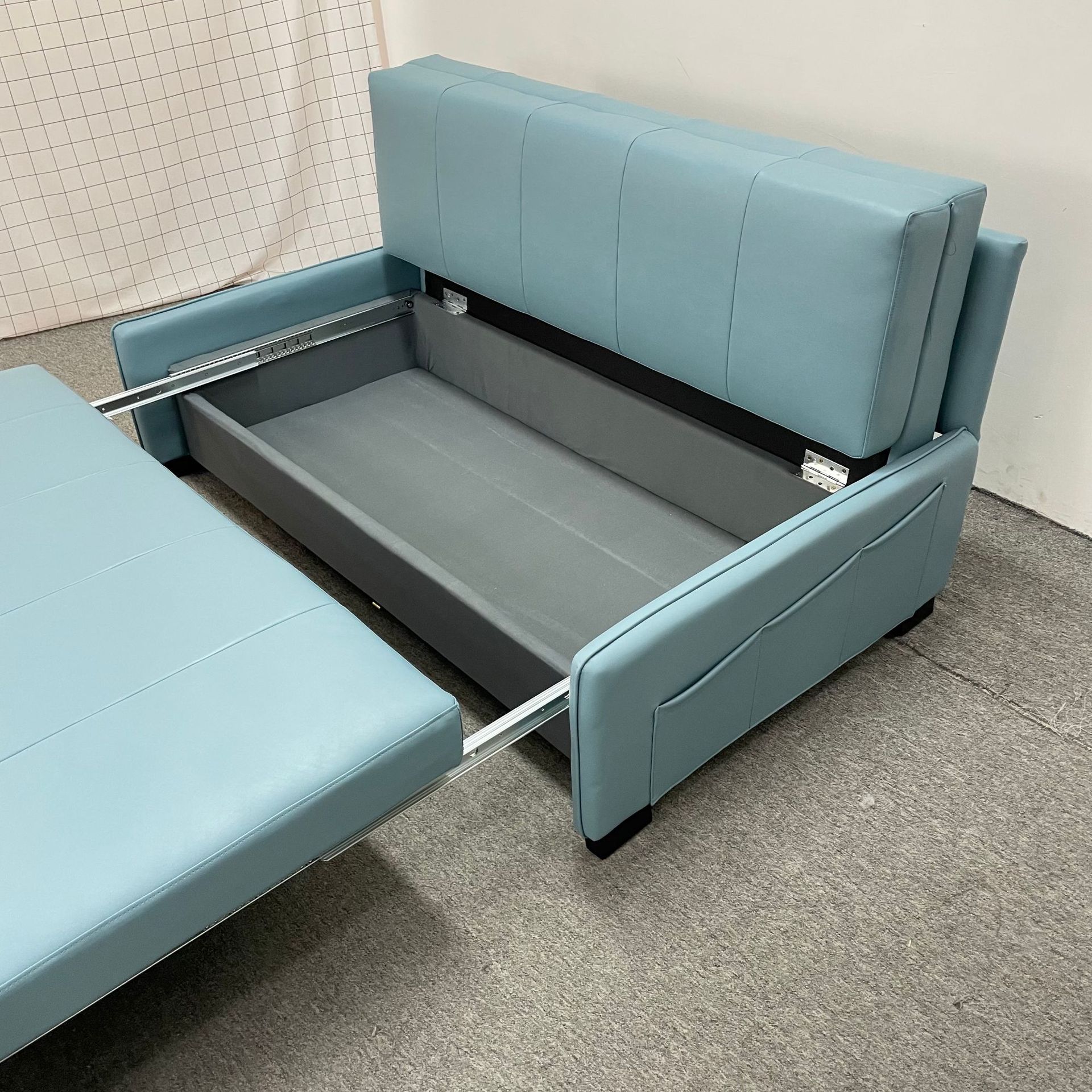 Sofá cama multifuncional de estilo de cuero para sala de estar y dormitorio de doble uso con almacenamiento