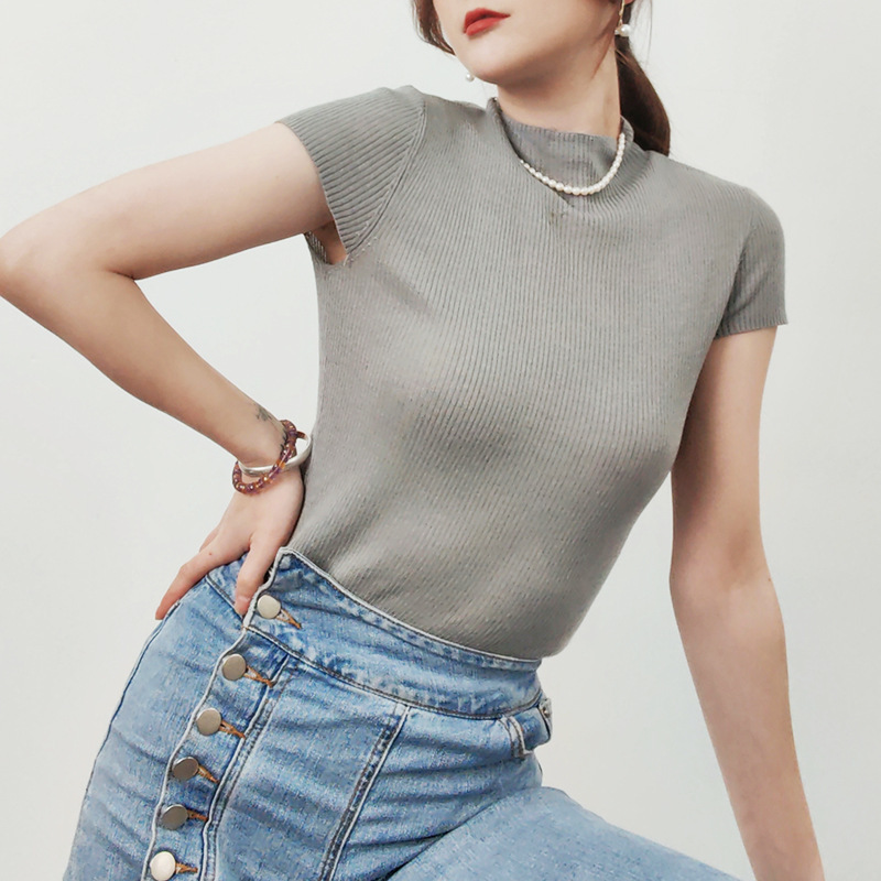 New Australia 16-stitch worsted mulberry silk fine wool slim fit shell sleeve semi-high collar knitted short sleeve pullover