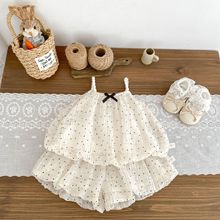 2025夏季女寶寶波點吊帶花苞上衣短褲兩件套甜美女童百天周歲套裝
