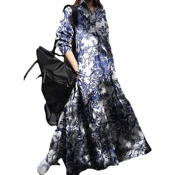 Muslim plus size Women's Autumn Printed Cotton Linen dress Vintage Ethnic Style Loose Large Swing Dress